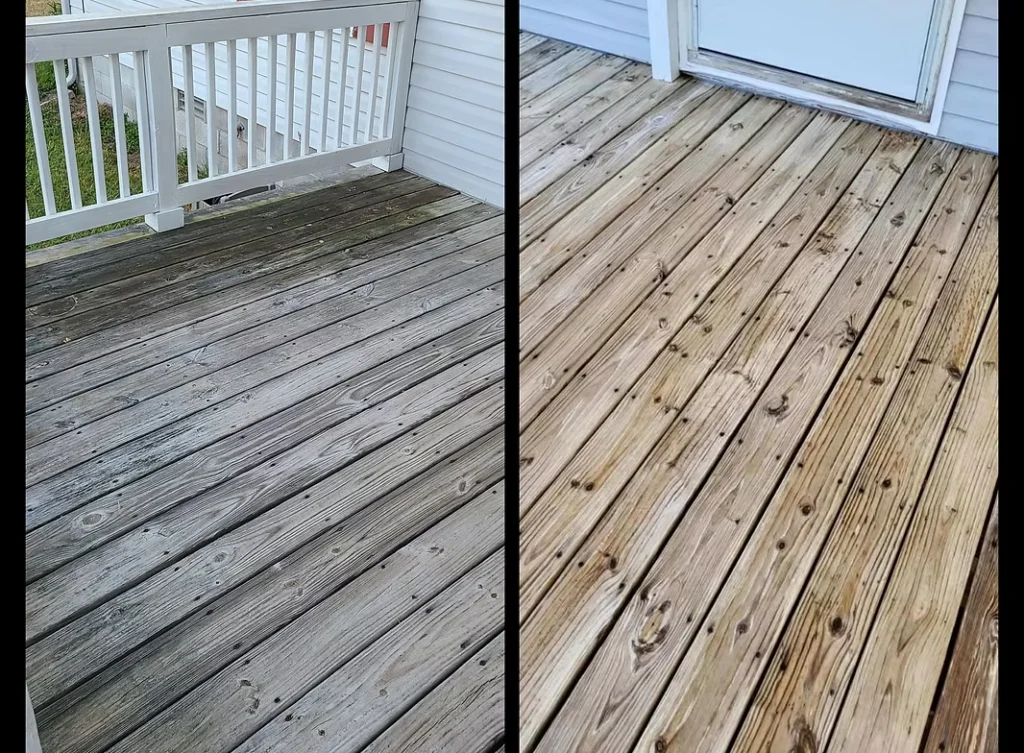 Before-and-after deck cleaning, weathered gray boards cleaned to a lighter, refreshed wood tone.