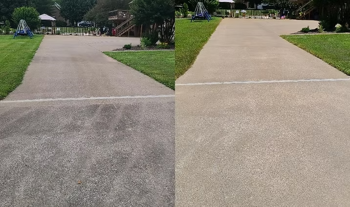 Before-and-after driveway pressure washing, dark grime and traffic marks removed for a cleaner concrete look.