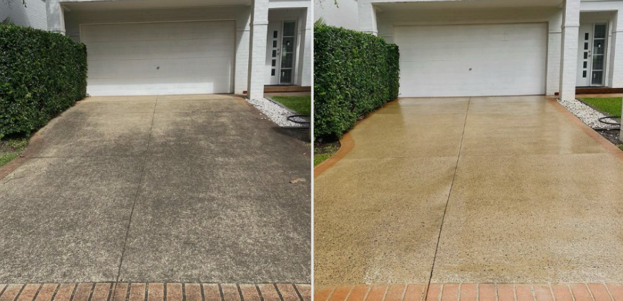 Photo of a driveway before and after pressure washing