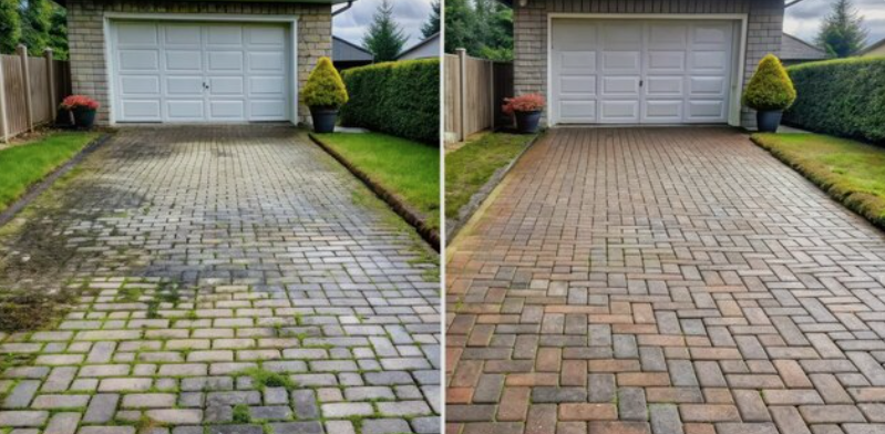 Photo of a paver stone driveway before and after pressure washing
