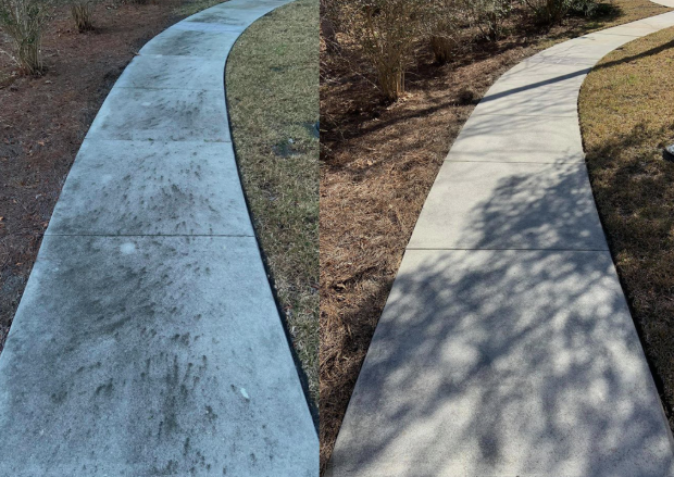 Before and after photo of a power washed concrete sidewalk