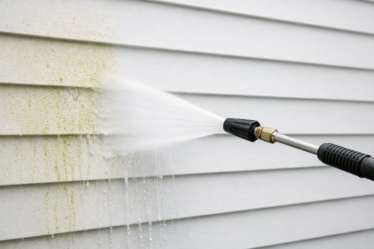 A close-up of a house exterior being cleaned with a wide fan spray from a pressure washer, with water rinsing dirt and pollen off white vinyl siding while the nozzle is kept angled straight at the wall rather than upward under the panels.