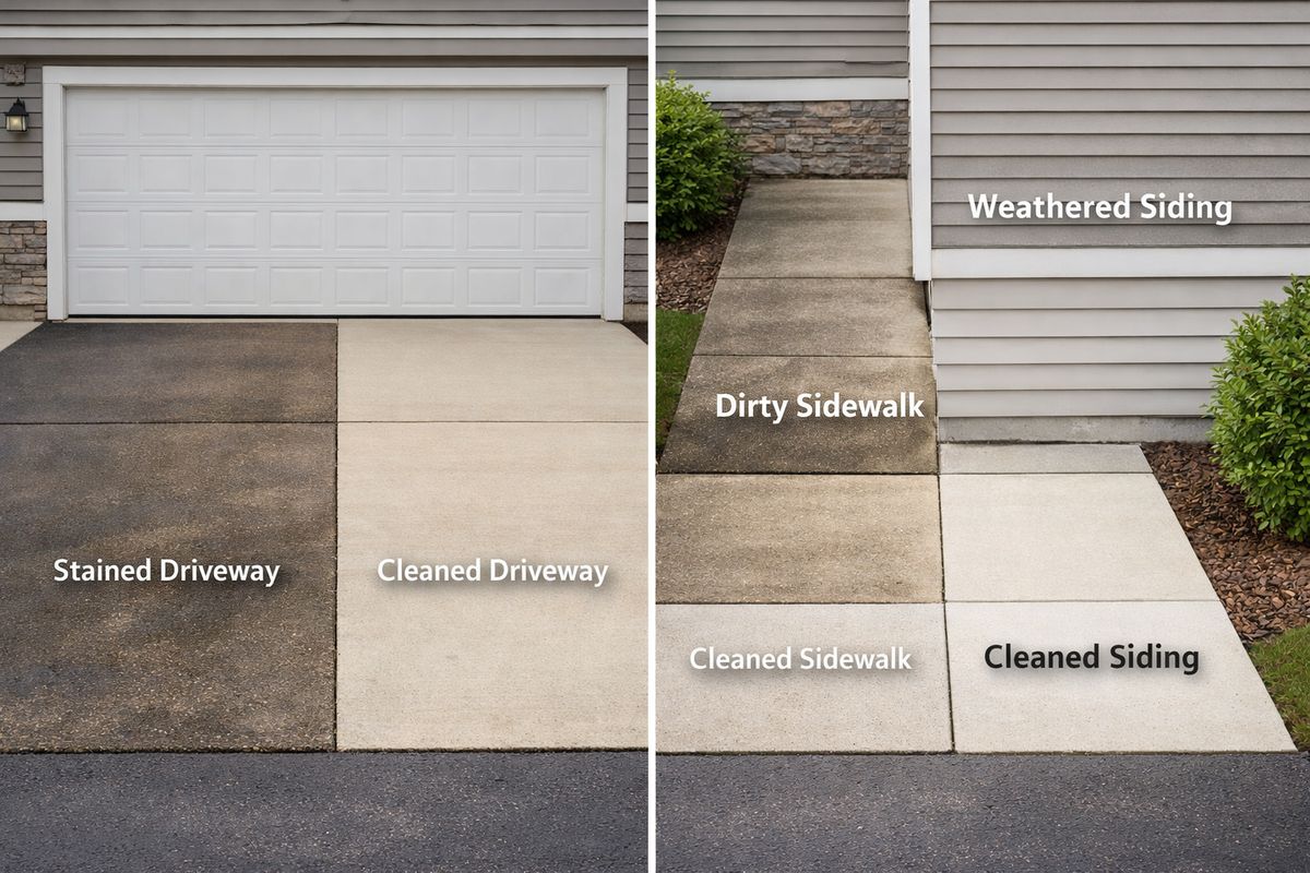A suburban home exterior with a driveway, sidewalk, and vinyl siding shown side by side, with one section of concrete visibly stained and another section freshly cleaned to a lighter tone, illustrating how different surfaces and job sizes affect pricing.