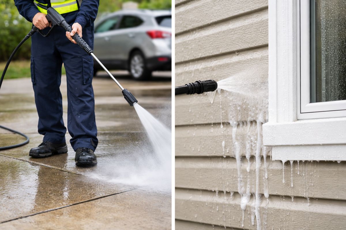 A split exterior cleaning scene showing a worker using a high-pressure spray wand on a concrete driveway while another section shows a low-pressure wash being applied to vinyl siding and painted trim, with water mist and cleaner runoff visible on each surface