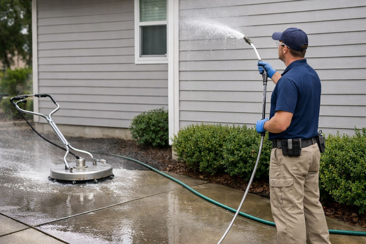 A pressure washing technician spraying a house exterior from the ground with a low-pressure soft wash wand, while another section of the driveway is being cleaned with a surface cleaner and a garden hose runs across wet concrete beside shrubs and siding