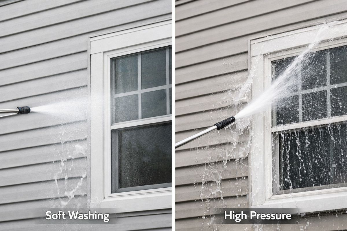 A split exterior home scene showing one side being gently rinsed with low-pressure water and cleaning solution on vinyl siding while the other side is being sprayed too aggressively, with water forced up behind overlapping siding panels and around window trim, illustrating the risk of high pressure versus soft washing.
