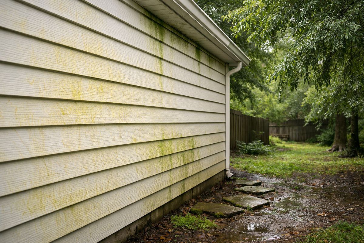 A suburban Tennessee house with vinyl siding showing yellow pollen on the walls, green mildew streaks under the eaves, and a shaded side yard with damp ground and overhanging trees after a humid spring rain