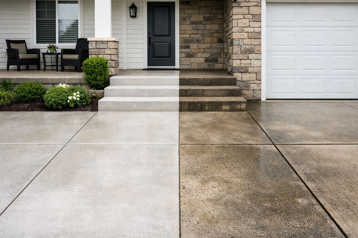 A freshly cleaned concrete driveway and front walkway leading up to a house, with brightened front steps, a clean garage door, and a porch area showing a clear contrast between washed and unwashed sections of exterior surfaces