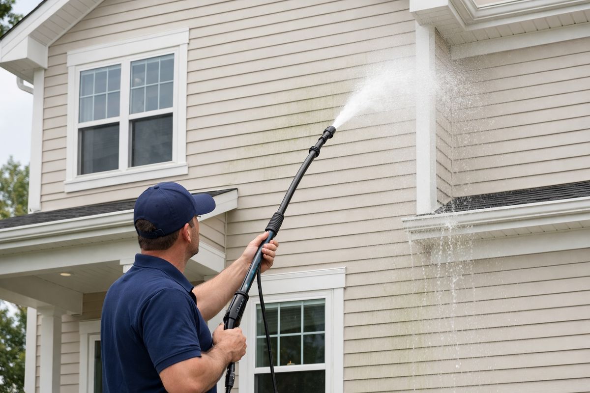 A two-story suburban house with vinyl siding being cleaned from the ground using a low-pressure soft wash wand, with white trim, soffits, and fascia visible, while a worker rinses the exterior walls and light pollen and mildew streaks are washing away