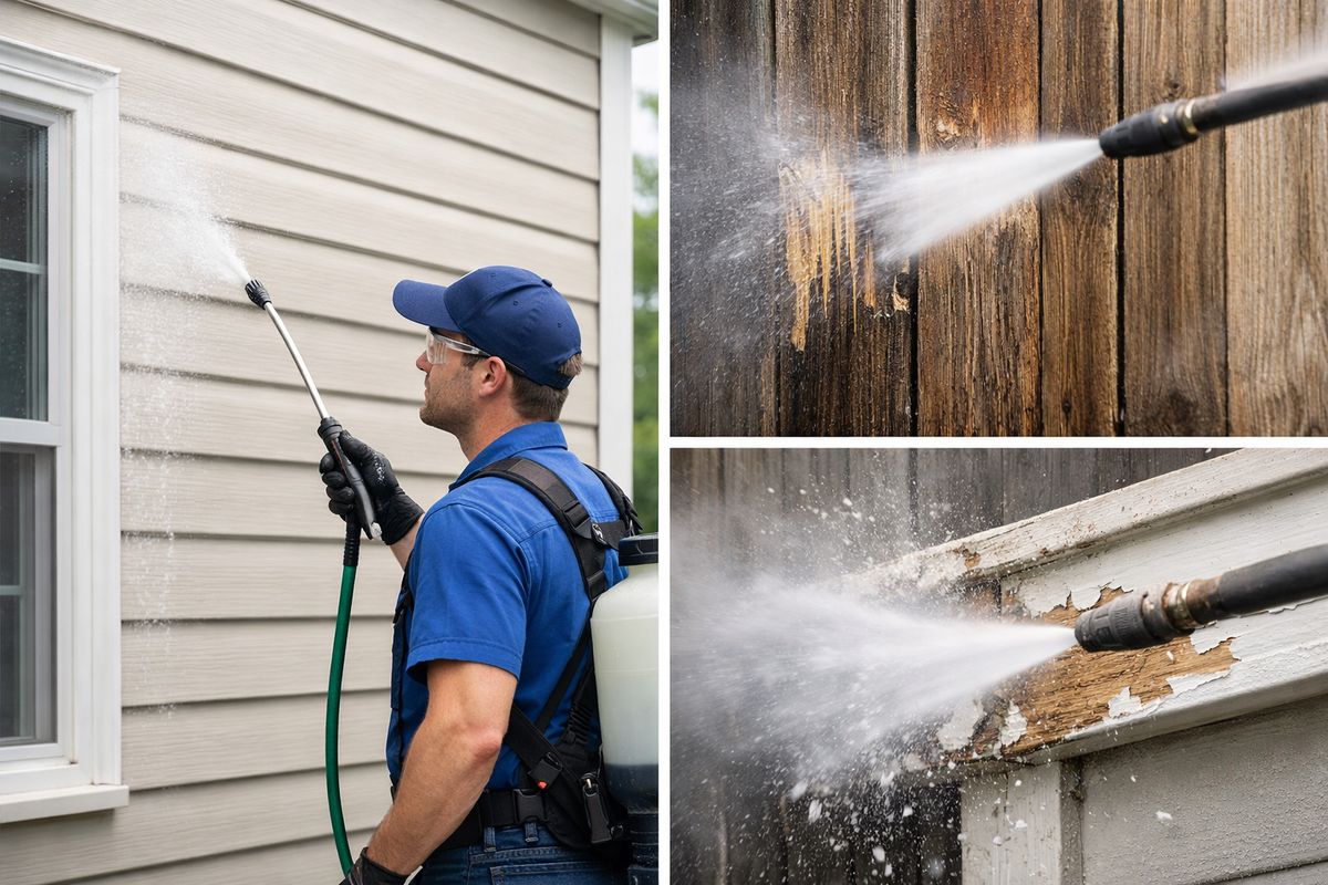 A split exterior-cleaning scene showing a technician using a low-pressure soft wash on a vinyl-sided house while, beside it, a separate view shows high-pressure spray etching a wooden fence and chipping paint from exterior trim, with water mist and visible surface damage.