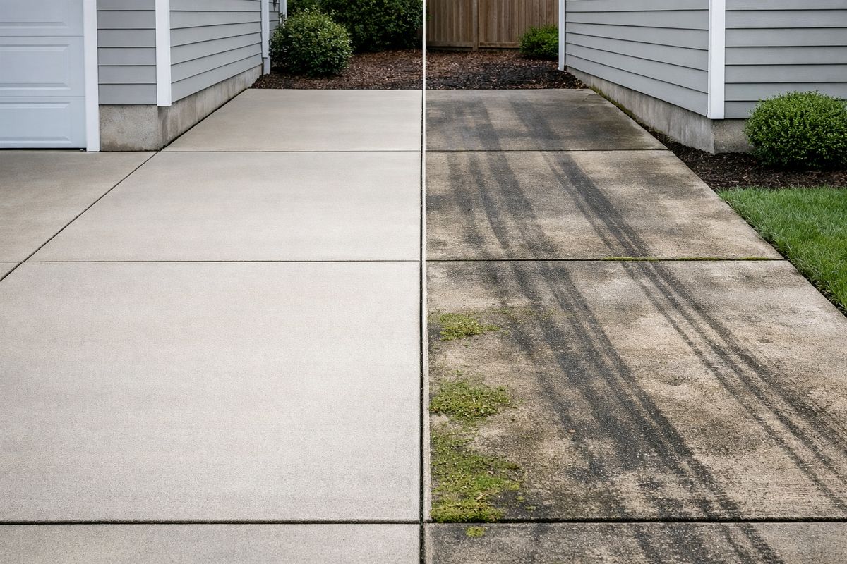 A freshly cleaned concrete driveway beside a house, with one side showing even bright cleanup and the other side still marked by dark tire streaks, green algae patches, and uneven dirty bands, illustrating the difference between a careful professional result and a rushed DIY attempt.
