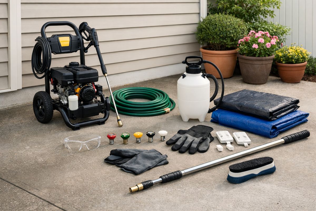 A driveway setup with a pressure washer, garden hose, wide fan-tip nozzles, a pump sprayer, safety glasses, gloves, plastic outlet covers, tarps, a soft brush, and an extension wand laid out beside a vinyl-sided house and nearby potted plants.