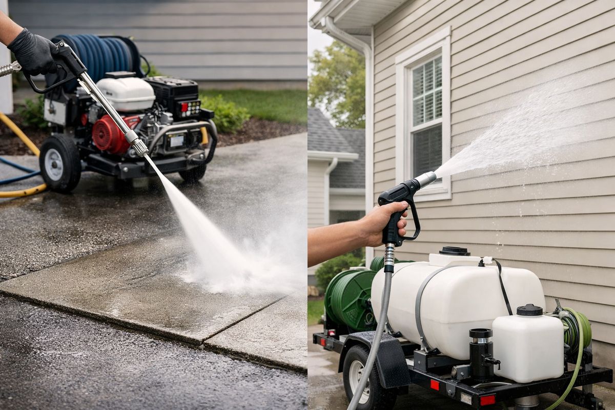 A pressure washing setup in a driveway with a high-pressure spray blasting a concrete slab next to a separate soft washing setup using a low-pressure hose to rinse the siding of a two-story house, with one area focused on hard concrete cleaning and the other on delicate exterior surfaces.