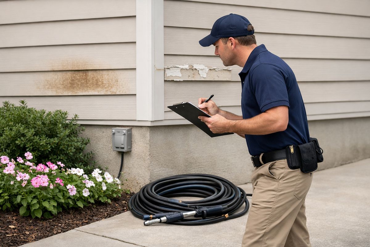 A technician walking around a house with a clipboard, inspecting cracked caulk, peeling paint, a stained section of siding, and nearby flower beds and electrical outlets, with a pressure washing hose coiled beside a driveway