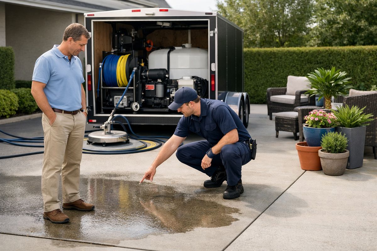 A homeowner standing beside a driveway while a technician points to a wet concrete area, an open equipment trailer with hoses and spray nozzles nearby, and potted plants and patio furniture being moved away from the cleaning zone