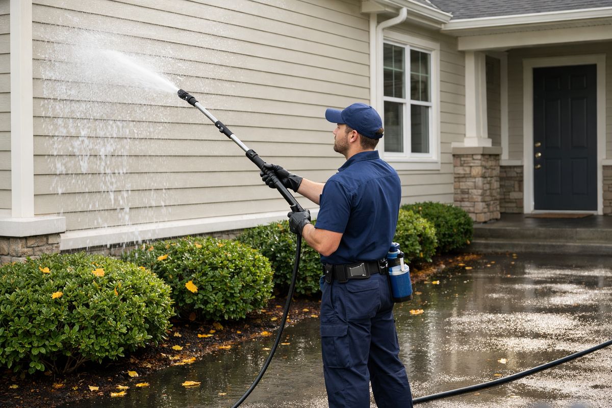 A house exterior being washed on a mild spring day, with a technician using a soft wash wand on siding while the driveway and front shrubs are wet, and bright daylight with scattered leaves showing an early fall cleanup feel