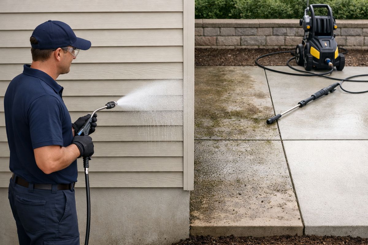 A technician using a low-pressure spray wand to clean a house siding wall while a second surface nearby, such as a concrete patio, looks ready for high-pressure cleaning, showing the difference between a gentle wash on siding and stronger cleaning on durable hardscape