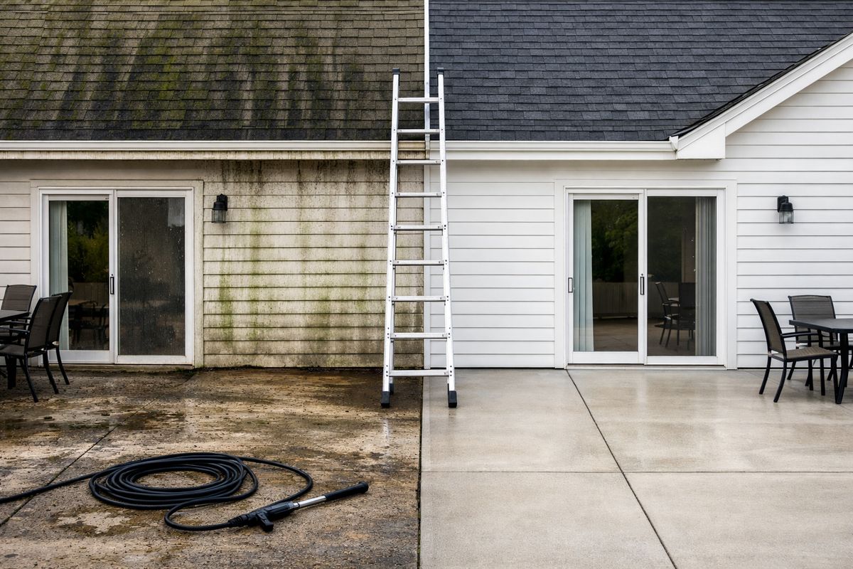 A residential property showing a dirty driveway, patio, gutters, and roof beside a freshly washed house exterior, with a pressure washer hose on the concrete, a ladder near the roofline, and dark gutter streaks and roof algae still visible on the untreated surfaces