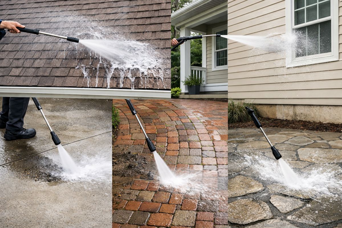 A residential property with different surfaces being cleaned in different ways: a roof and house siding being rinsed gently with a soft wash wand, while a concrete driveway, brick walkway, and stone patio are being blasted clean with a pressure washer, with dirt and grime lifting off the hard surfaces.