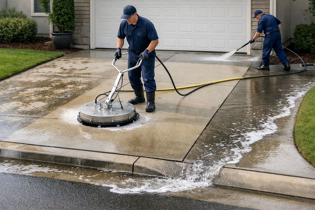 A pressure washing crew cleaning a concrete driveway with a round surface cleaner near the center section, a wand being used along the edges and garage threshold, and wet runoff rinsing toward the curb, showing pretreatment, main cleaning, and detail work in progress.