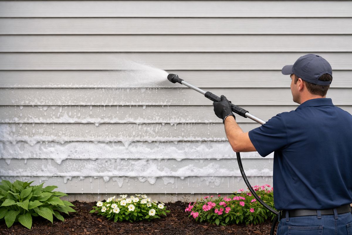 A person applying house-wash detergent to vinyl siding in horizontal passes starting near the bottom of a wall section and moving upward, with wet siding, light suds, and a garden bed below to show the work is being done in manageable sections.