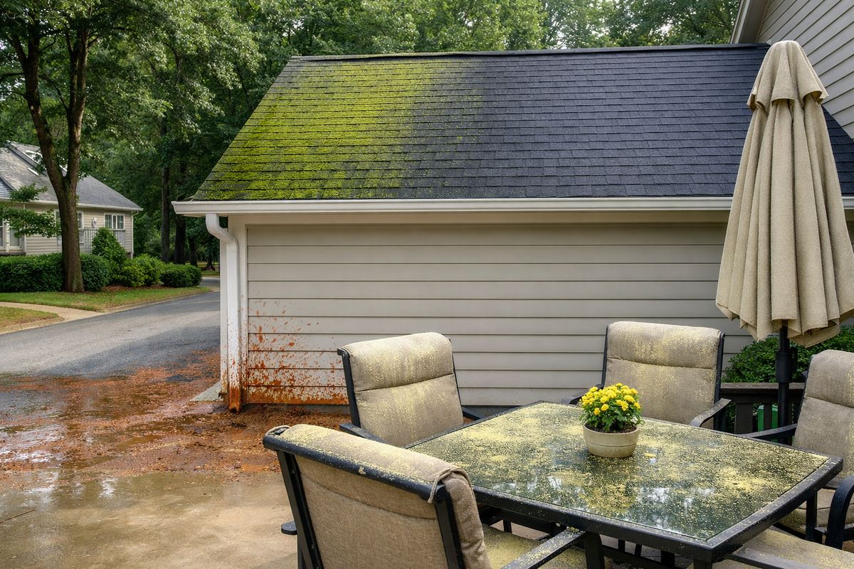 A humid residential neighborhood with shaded houses, a roof showing green algae on one side, pollen-dusted patio furniture, and a driveway with muddy red clay splatter after rain, capturing the local conditions that drive exterior cleaning demand.