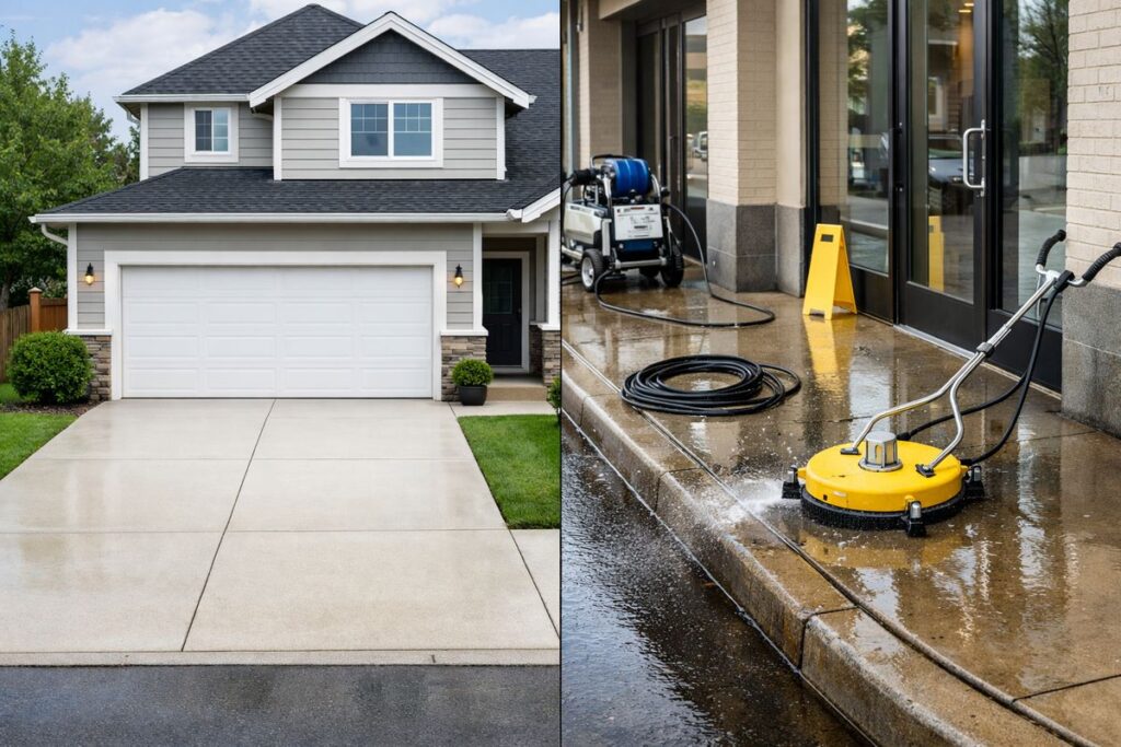 A split property scene showing a freshly cleaned suburban house exterior with bright siding and a clean driveway on one side, and a commercial storefront sidewalk being washed near an entryway and curb on the other side, with wet pavement and cleaning equipment visible