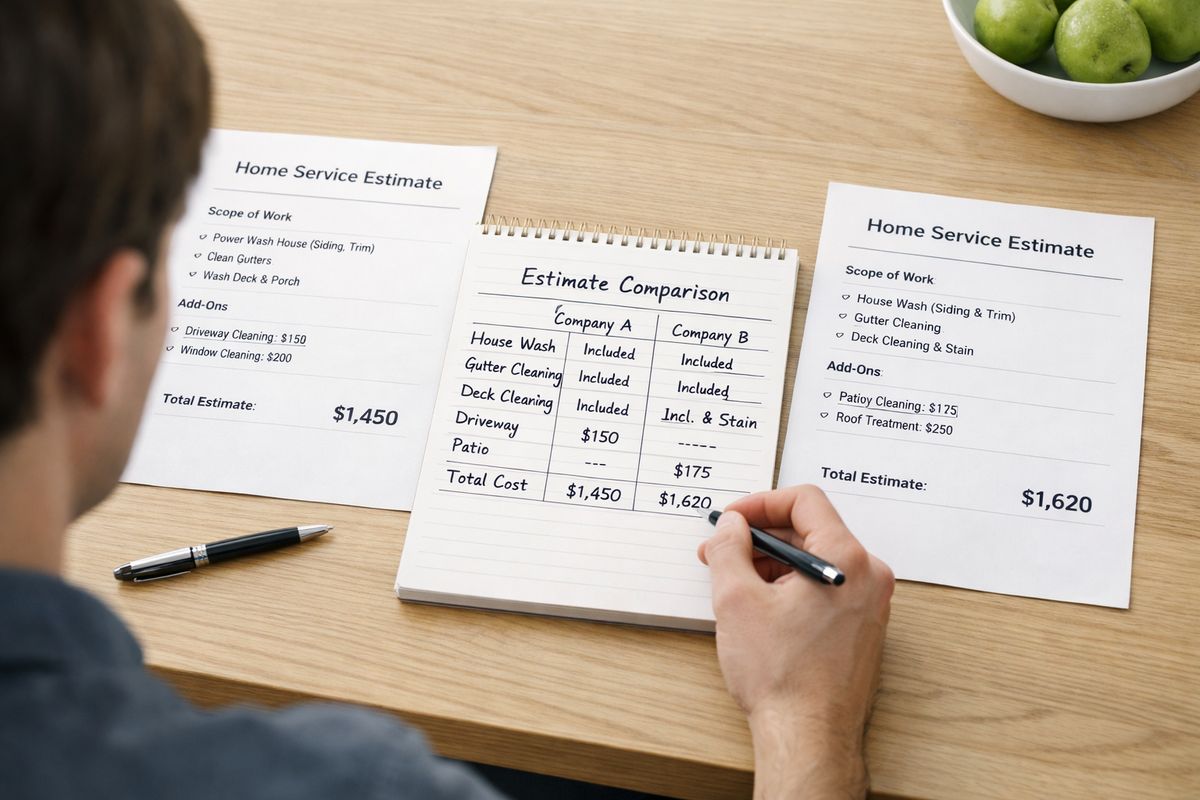 A kitchen table covered with printed home service estimates, a pen, and a handwritten comparison sheet, with the documents laid out side by side to compare included surfaces, add-ons, and prices while a homeowner reviews them closely