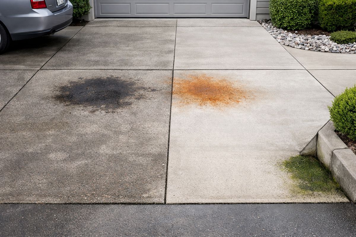 A residential driveway with several visible problem areas: an old oil stain near the parking spot, rust discoloration under a sprinkler area, green buildup in a shaded corner, and clean versus dirty sections that suggest different levels of service and treatment.