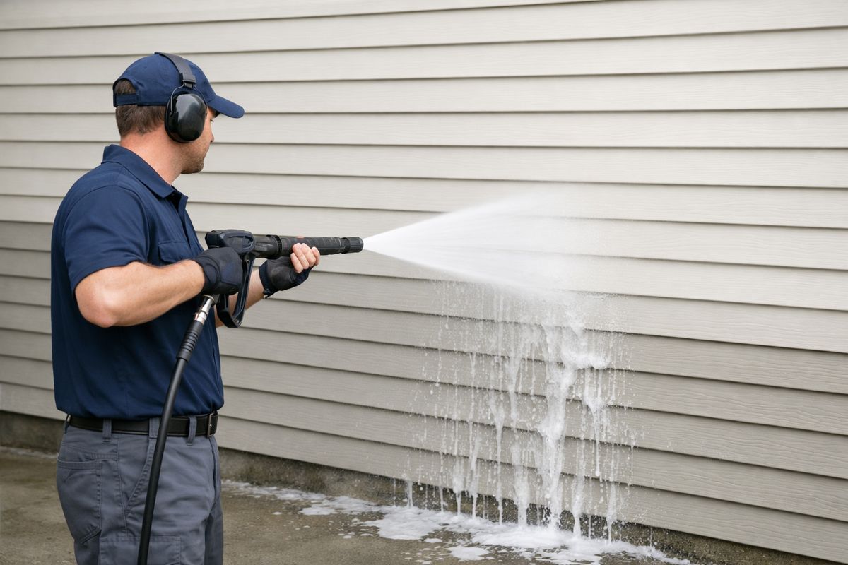 A pressure washer operator standing several feet from a vinyl siding wall, rinsing the cleaned section with a smooth fan pattern aimed straight on and slightly downward, while water and soap runoff flow down toward the ground instead of under the siding laps.