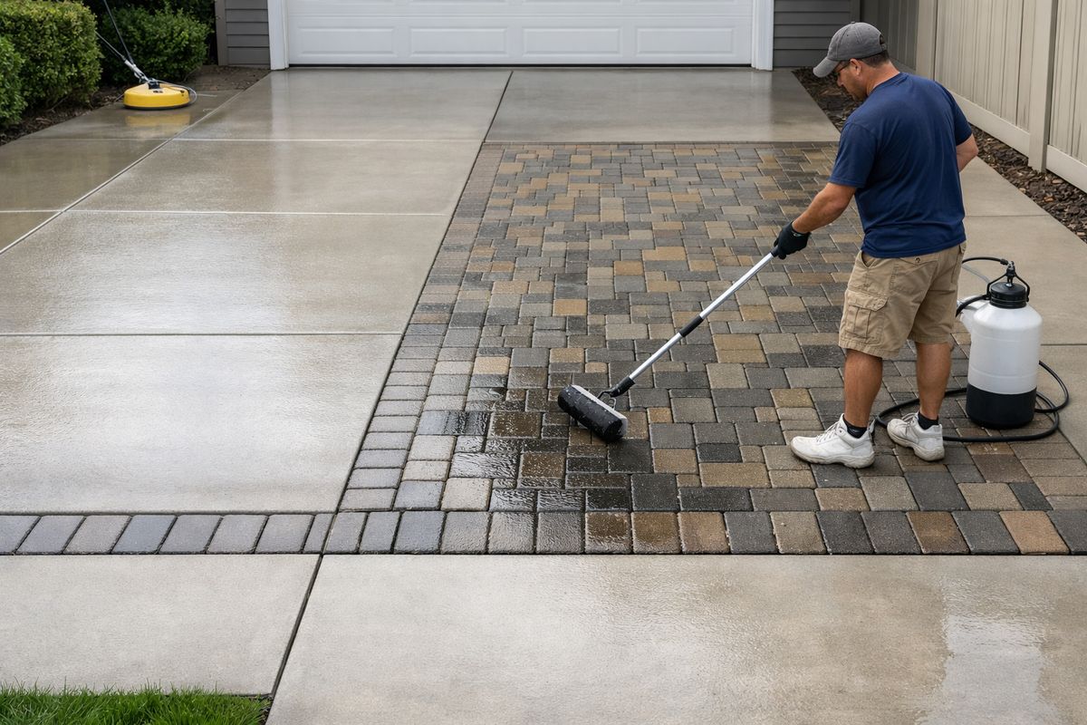 A newly cleaned driveway bordered by a sidewalk and garage apron, with one section of paver driveway being sealed by a worker using a roller or sprayer, while adjacent concrete looks freshly washed and the nearby walkway is also being cleaned.